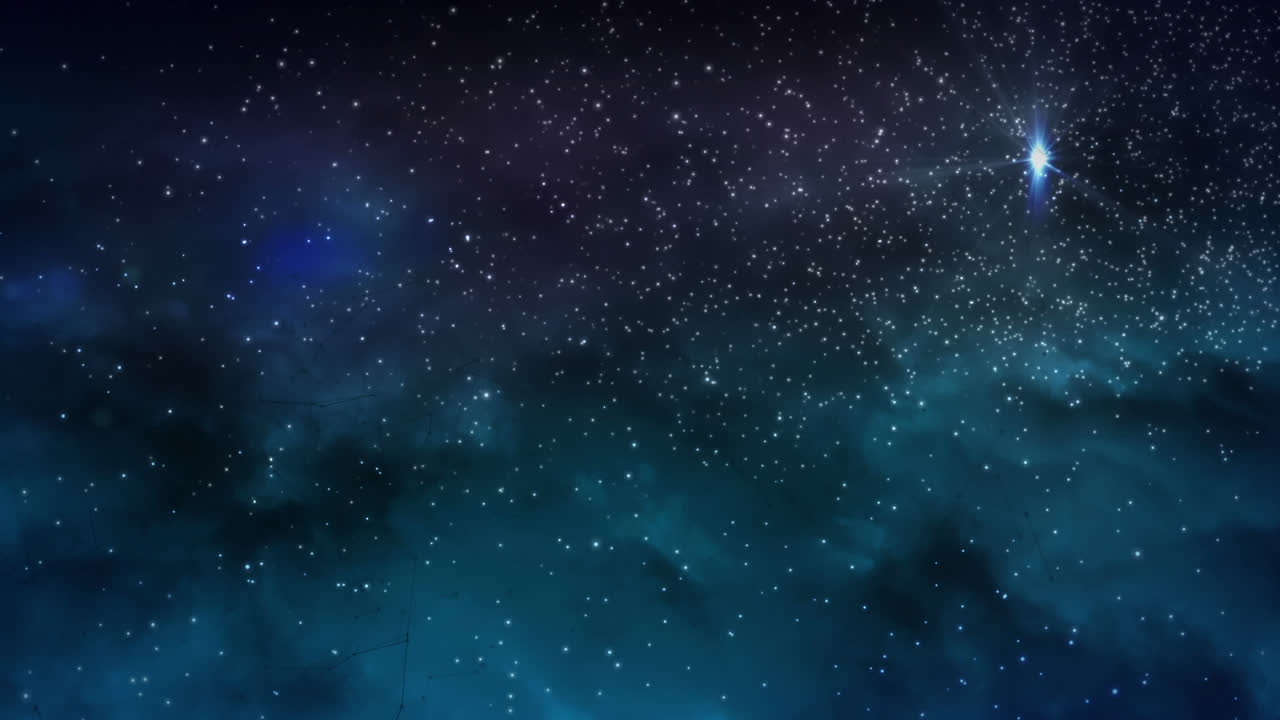 는 별, 빛나는 반점 및 구름 배경 위의 입자의 애니메이션