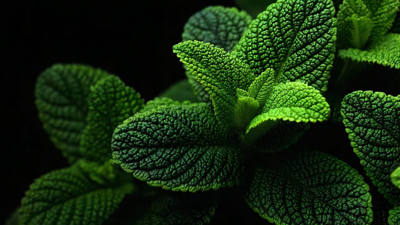 Accattivante primo piano di lussureggianti foglie di menta verde che mostrano la texture intricata e il colore vibrante su uno sfondo scuro