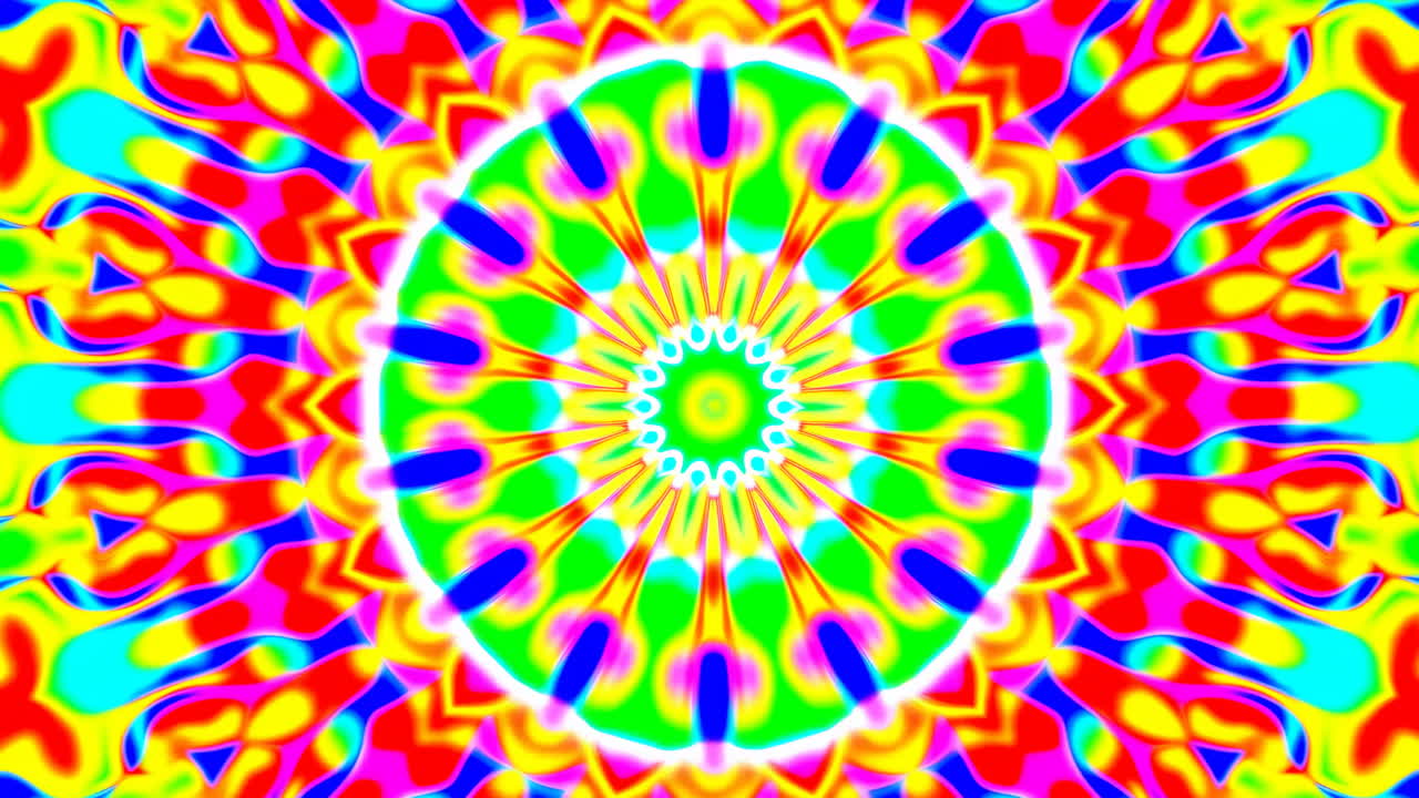 Caleidoscopio Mandala Vibrante con Colori Neon Esplosivi, Simmetria Radiale e Movimento Pulsante per Musica