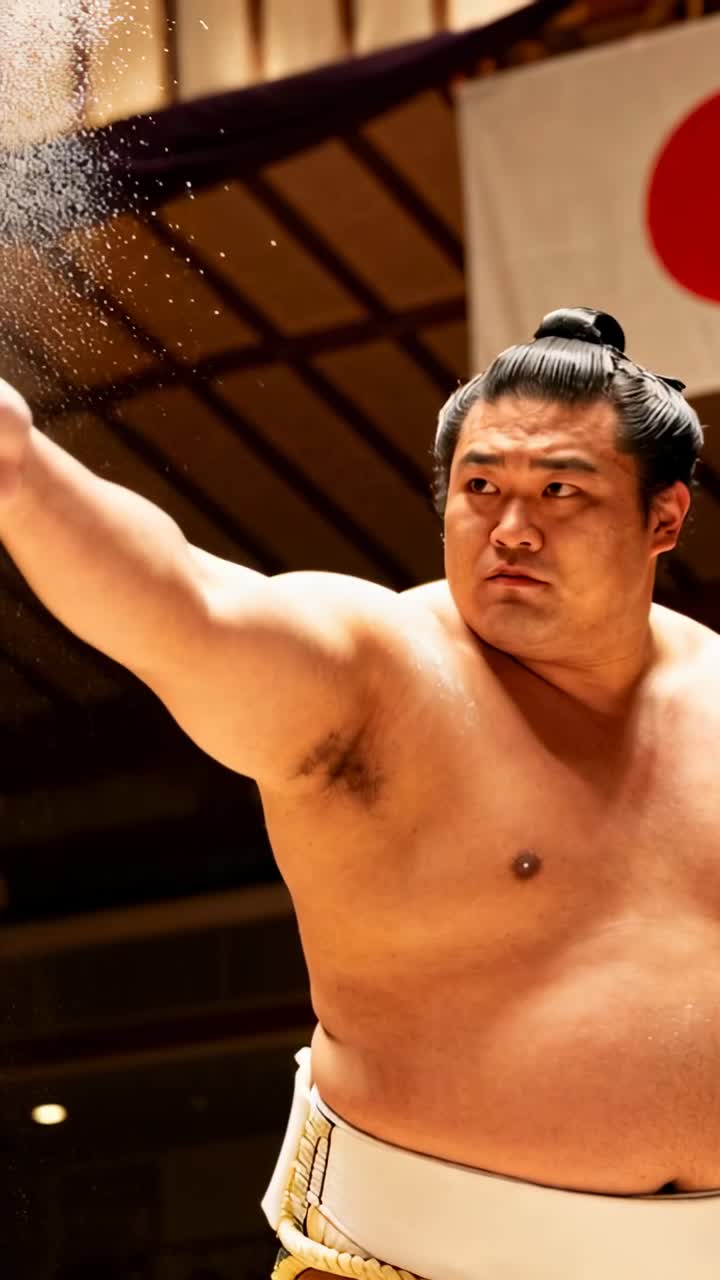 縦型動画：まわしをつけた力士が、土俵で取組前に塩をまき、土俵を清めている様子。