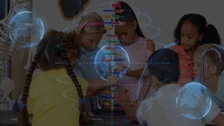 Studenti che collaborano in un'aula di scienze, mentre assemblano un modello di DNA con sovrapposizioni di scheletro e globo.
