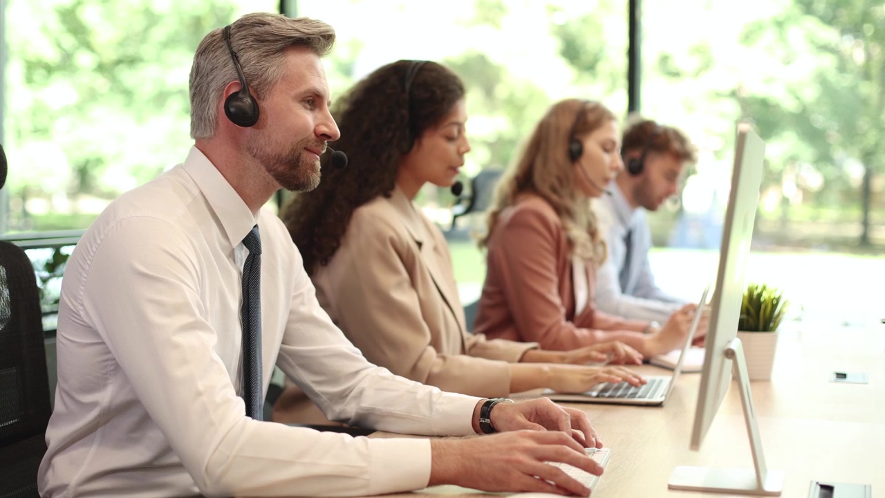 Team di call center diversificato che lavora con cuffie e computer in un ufficio moderno