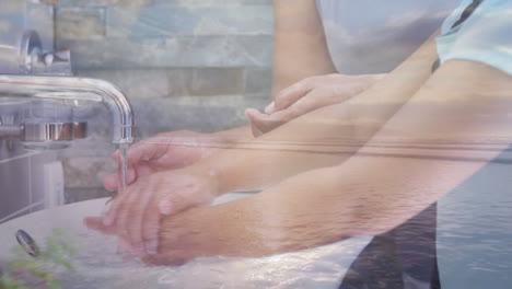 animation of a girl standing at a sink with her mother and washing her hands with soap