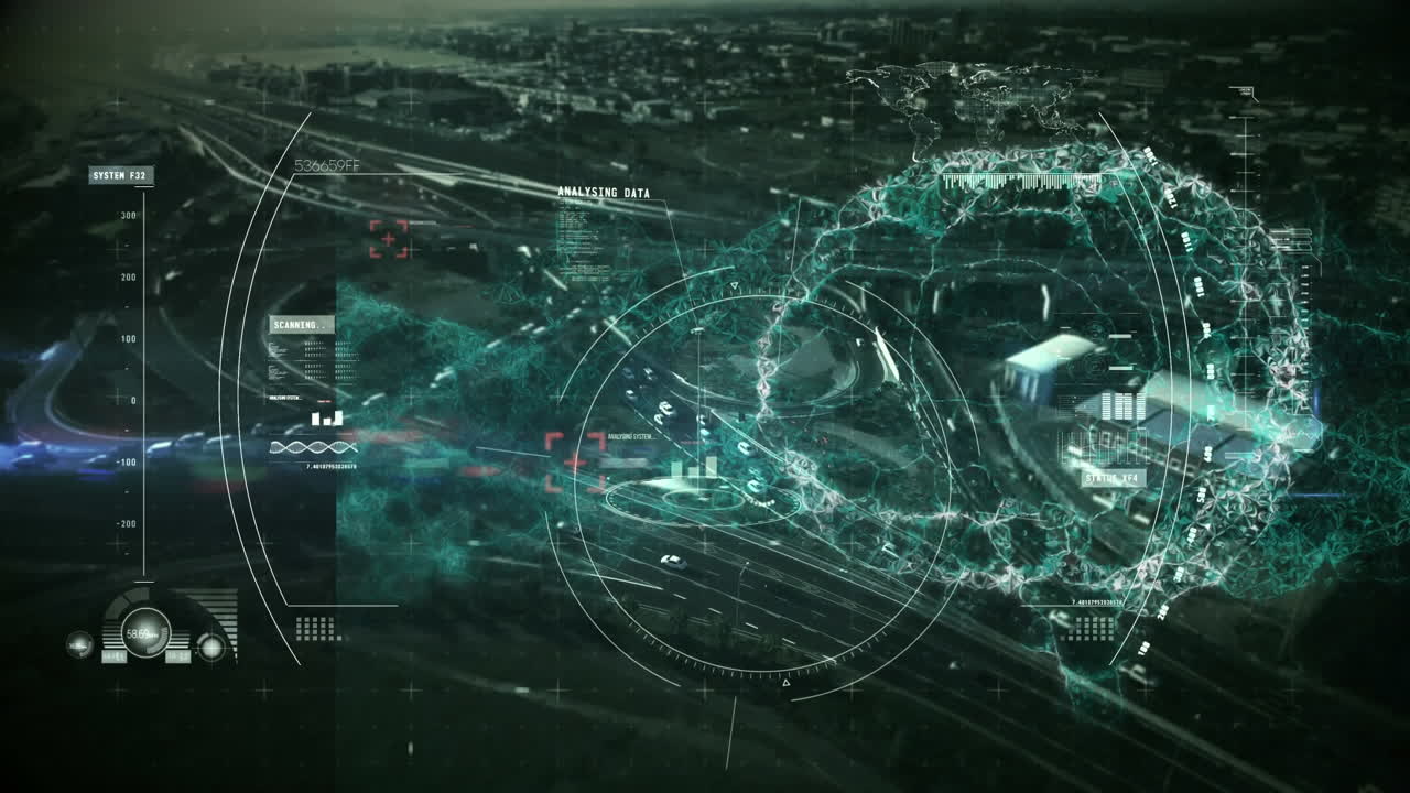 Animation of human brain and scope scanning over cityscape