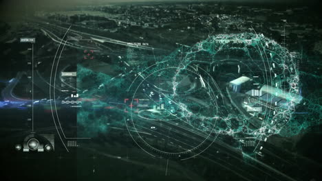animación del cerebro humano y escaneo de alcance sobre el paisaje urbano