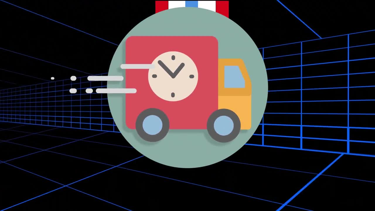 파란색 배경에 있는 선 위에 있는 아이콘의 애니메이션.