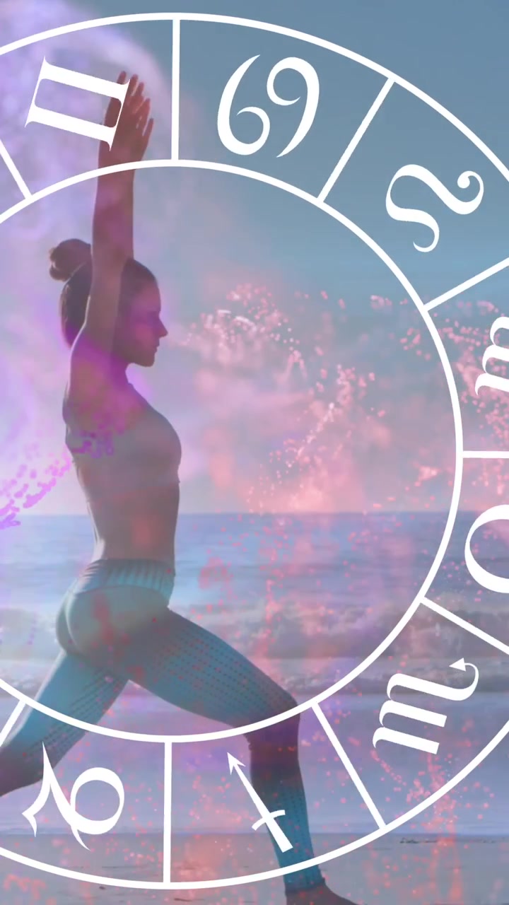 Animazione della ruota zodiacale dell'oroscopo su una donna che pratica yoga