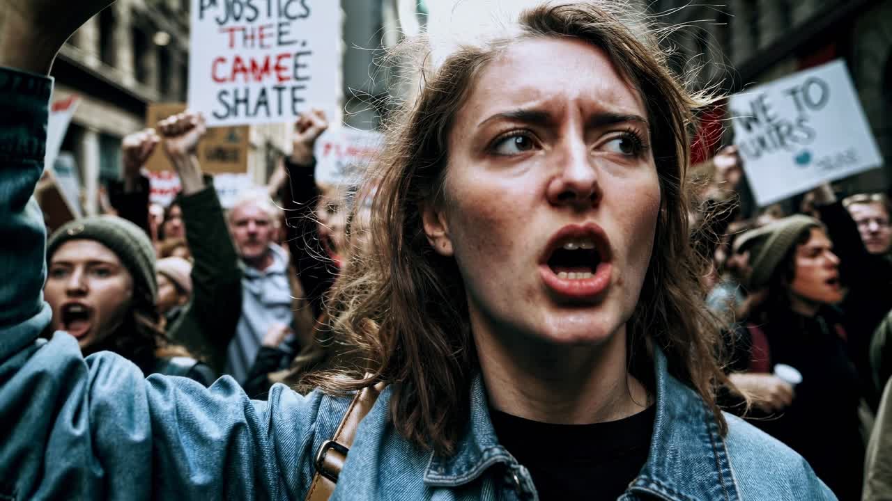 Close-up de uma imagem de vídeo de uma mulher em um protesto, filmada de um ângulo baixo, capturando sua expressão determinada