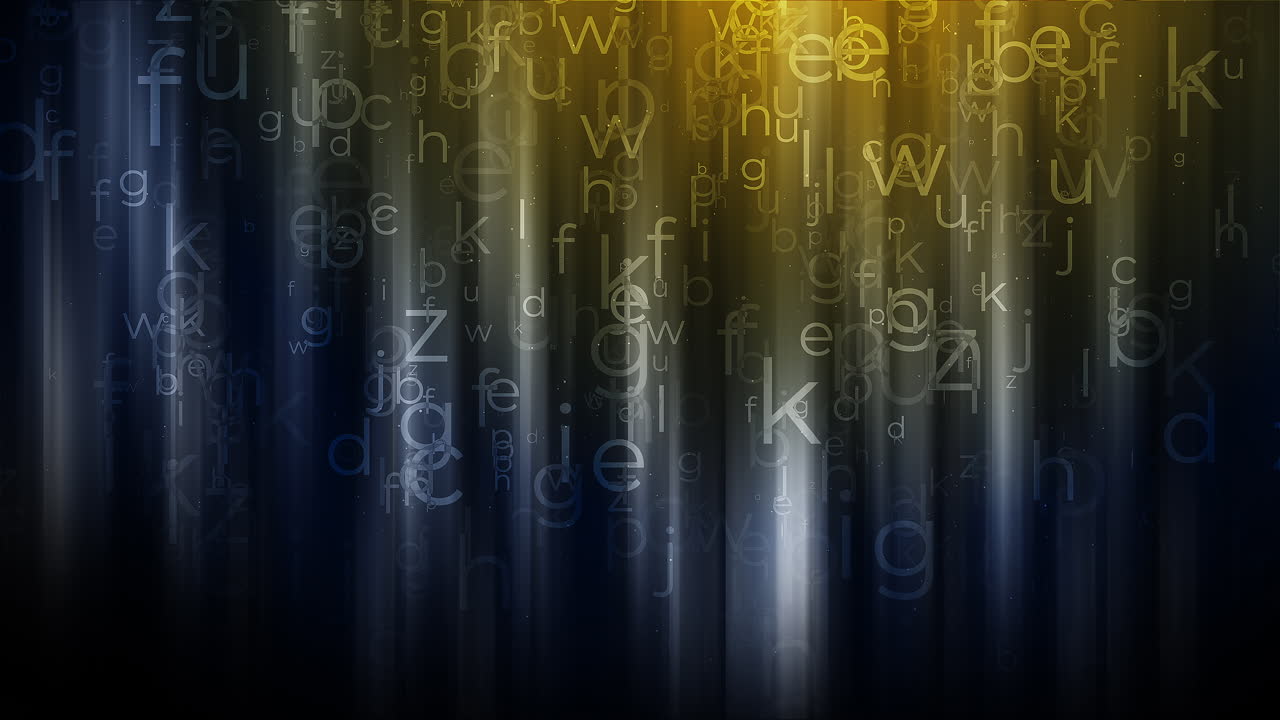 Dark blue background with yellow glowing light and falling letters of English alphabet. School looped background.