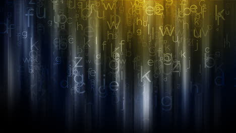 dark blue background with yellow glowing light and falling letters of english alphabet. school looped background.