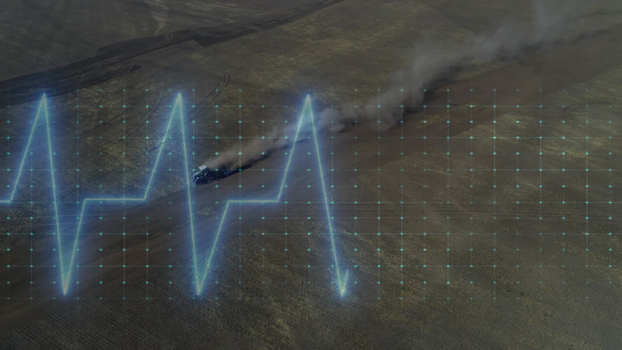 Animated tractor moving across field, leaving dark smoke and neon?blue heartbeat grid overlay