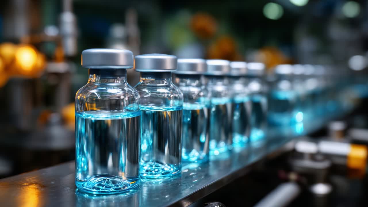 A close-up view of glass vials filled with a vibrant blue liquid, displayed in a streamlined production line, showcasing the intricate details of modern manufacturing in the pharmaceutical industry