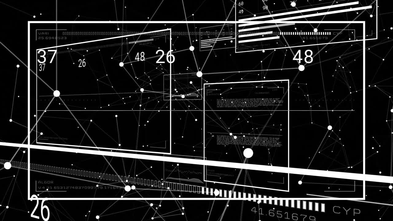 Node network starting, window frames sliding in numeric panels updating while displaying analytics