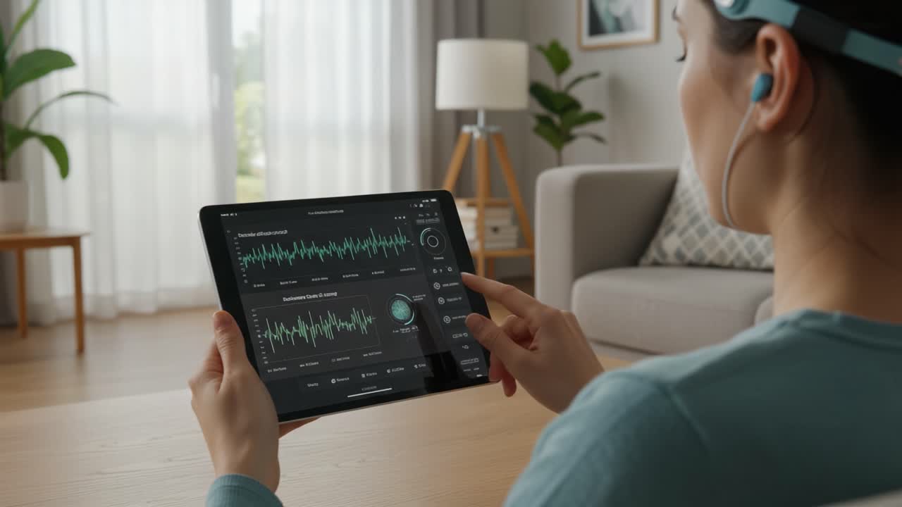 Exploring Real-time Data Visualization: A User Interacting with a Tablet Interface Analyzing Neural Activity and Patterns from an EEG Headset in a Modern Living Space
