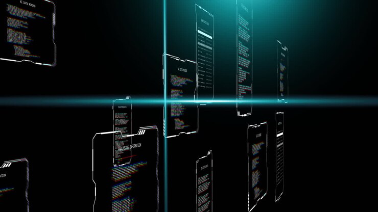 Animation of blue scanner beams over text data files processing on dark background