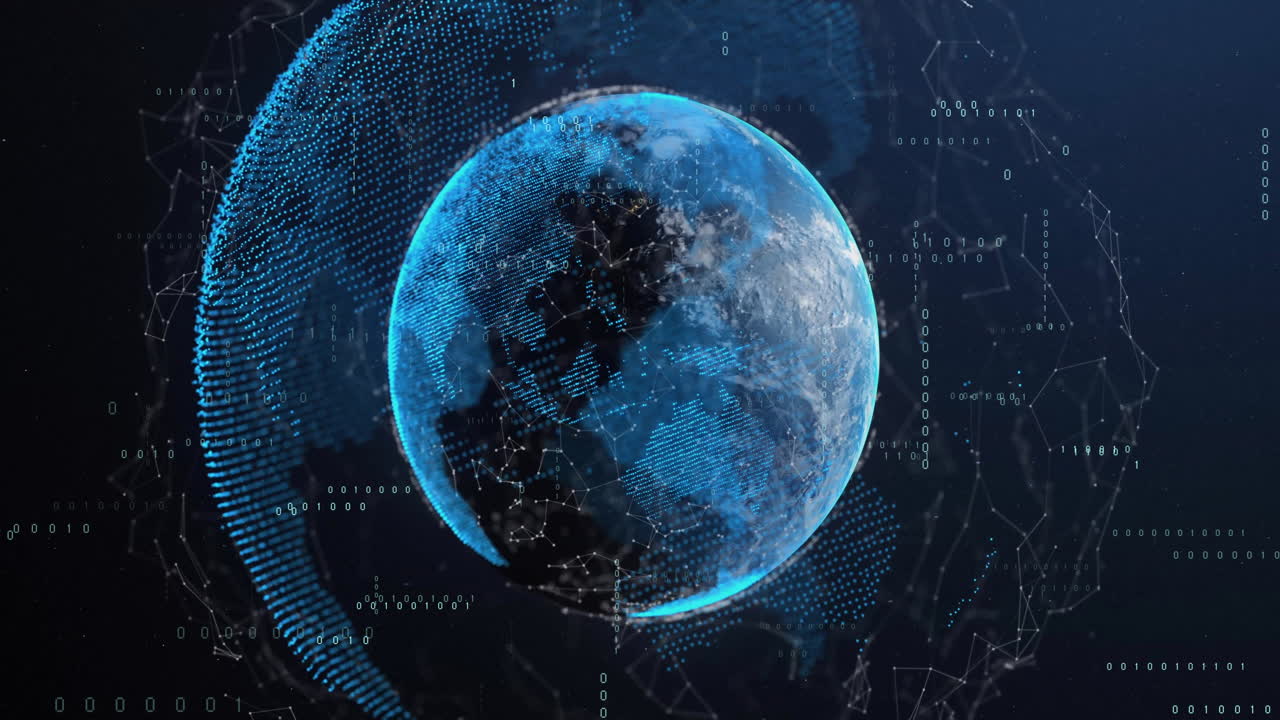Animation of globe over data processing on black background