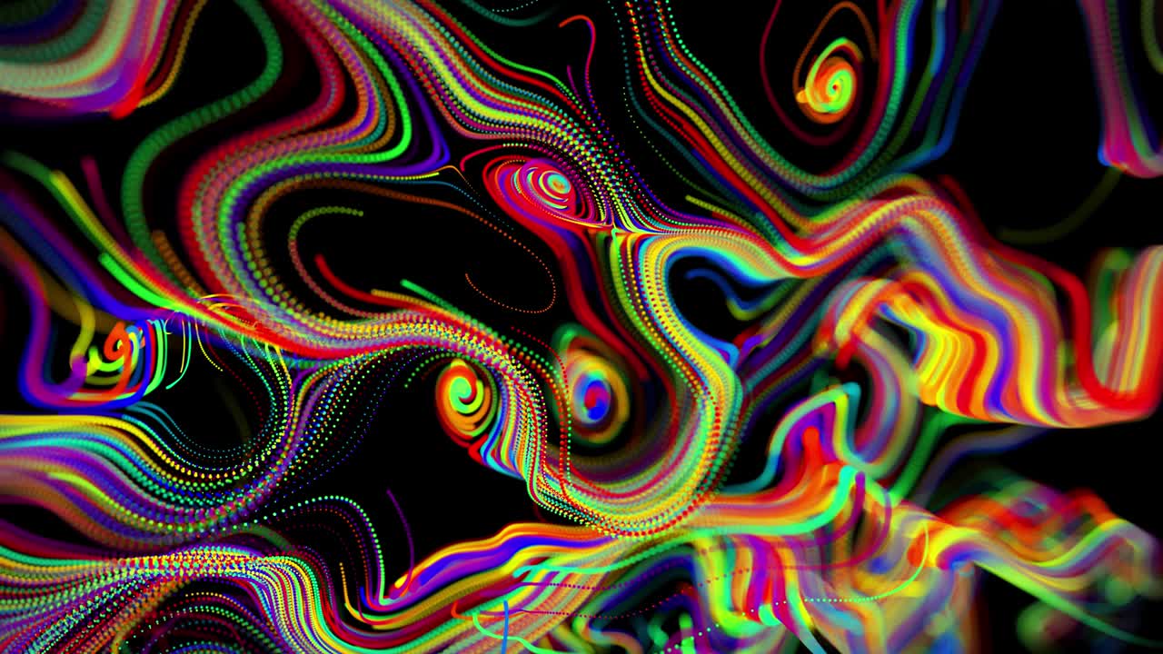 Flusso di particelle forma linee arricciate come scie luminose di colori diversi; le linee creano un motivo vorticoso, simile a un effetto di rumore a spirale. Animazione 3D astratta in loop e fluida come sfondo festivo luminoso e creativo