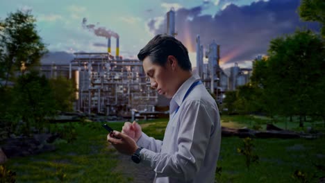 side view of an asian male professional worker standing with his smartphone in front of oil refinery, checking with dissapionted and nodding his head