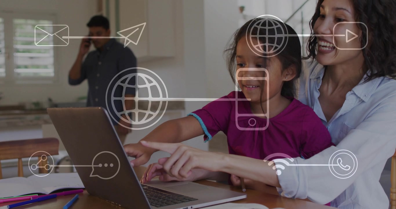 Mother pointing screen, guiding child on laptop, initiating digital learning with globe Wi-Fi icons