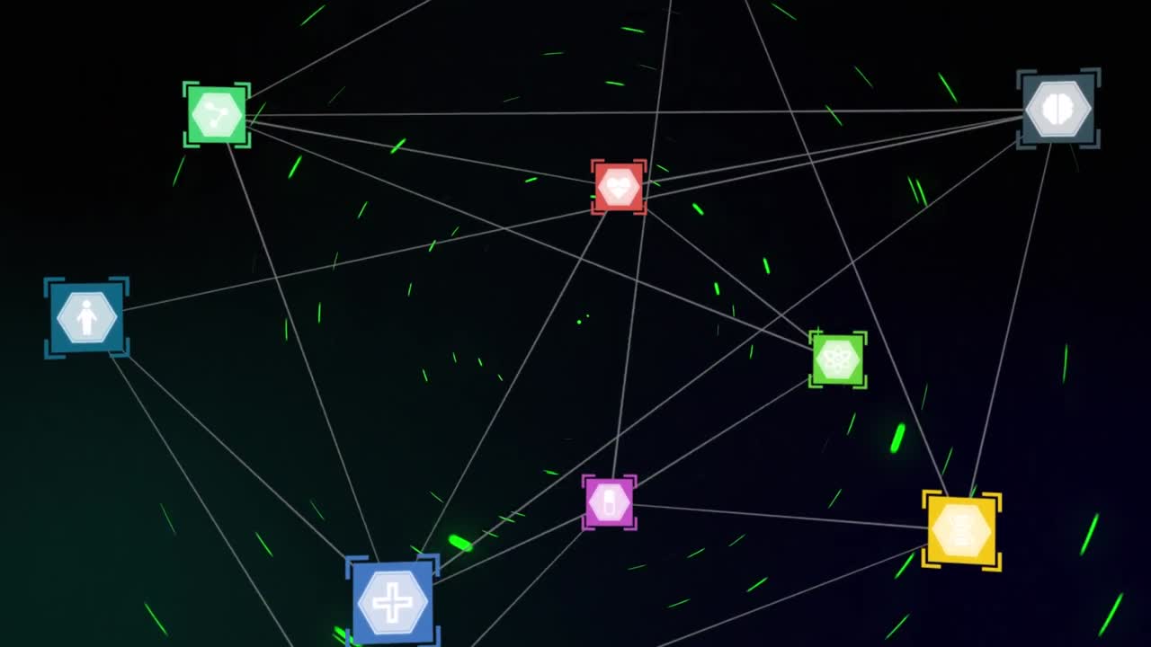 red de conexiones contra rastros de luz roja que se mueven en movimiento circular sobre fondo negro