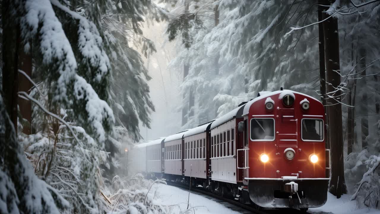 Red and white train gliding along the railway, weaving through a snowy forest in winter, evokes a magical and nostalgic atmosphere, perfect for holiday journeys and adventures