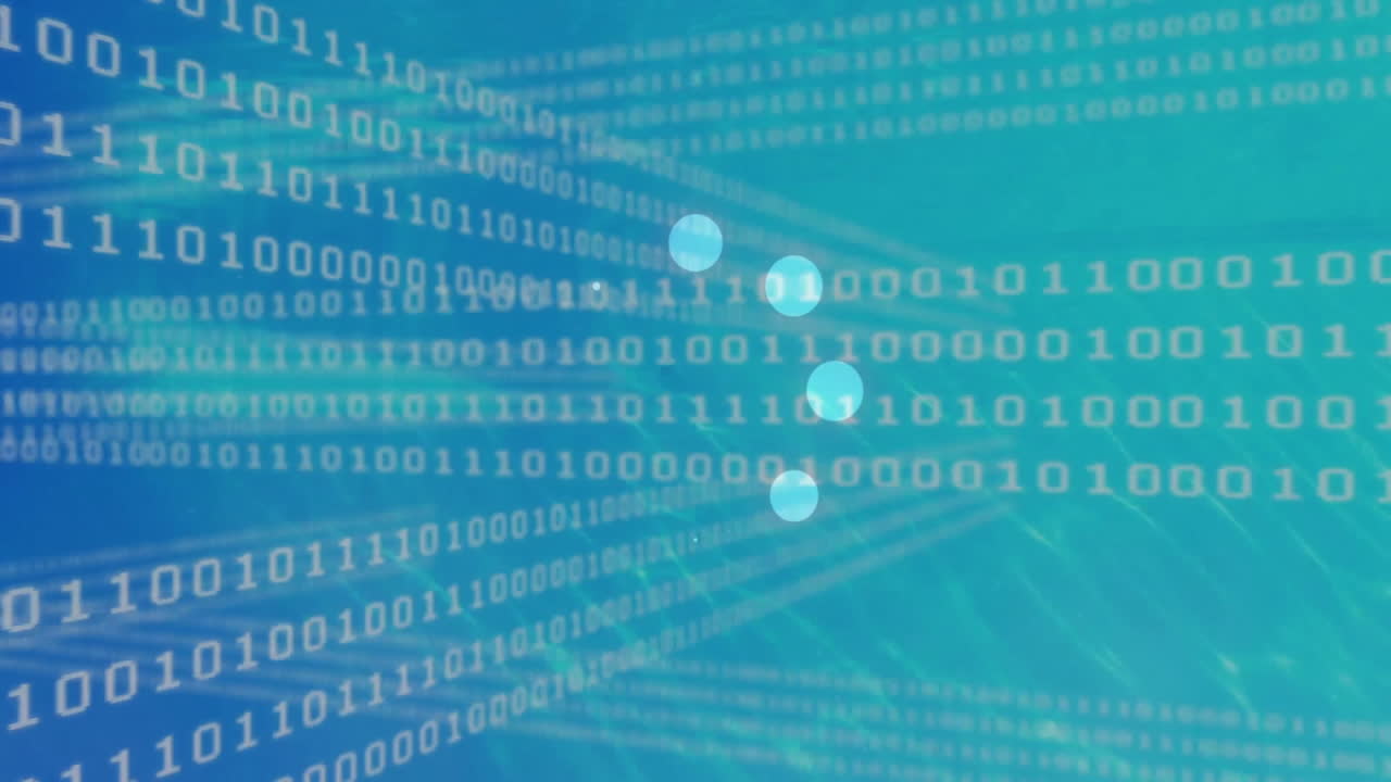 Animation of dna strand spinning and binary coding data processing on blue background