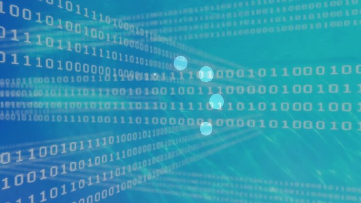 Animation of dna strand spinning and binary coding data processing on blue background