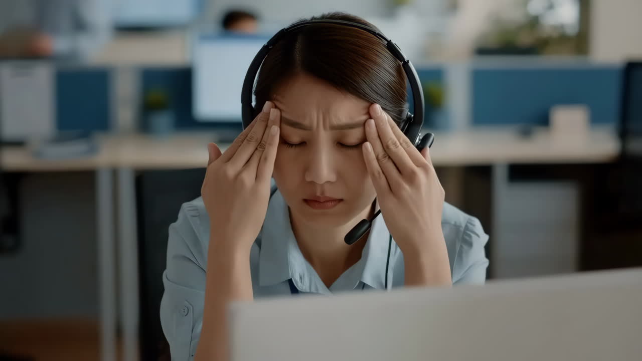 Stressed Woman Experiencing Headache in Call Center