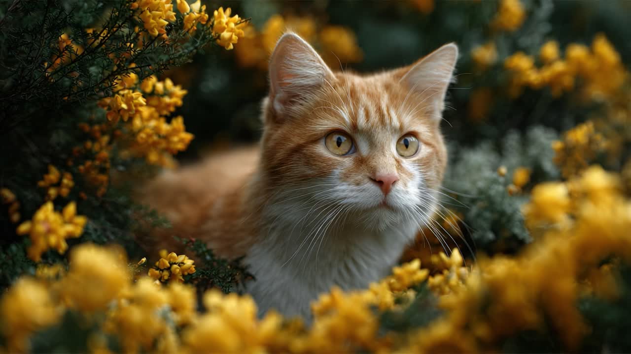 A Curious Ginger Cat Surrounded by Bright Yellow Flowers, Captured in Two Frames from a Serene Nature Scene, Showcasing Its Intriguing Expressions and Lively Environment