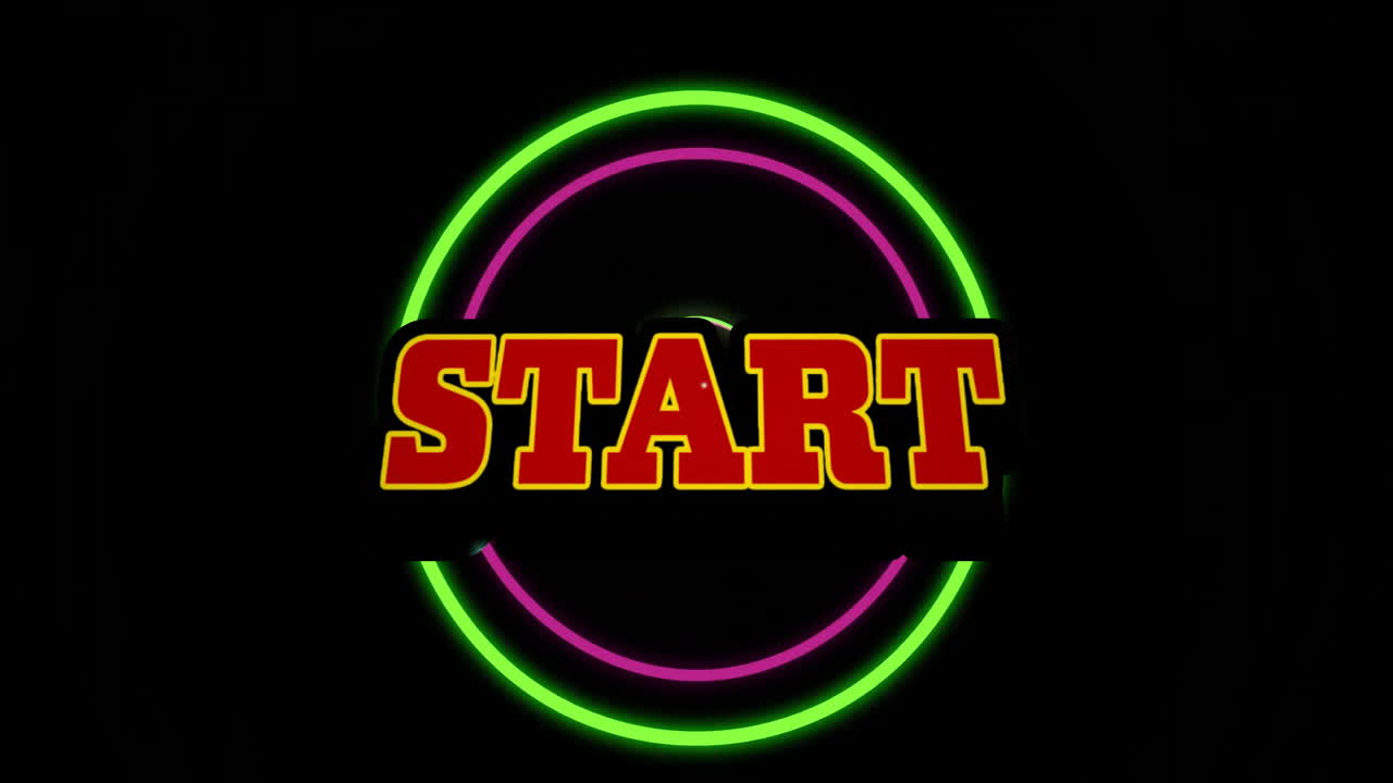 Animation of colorful neon circle with bold START text on black background