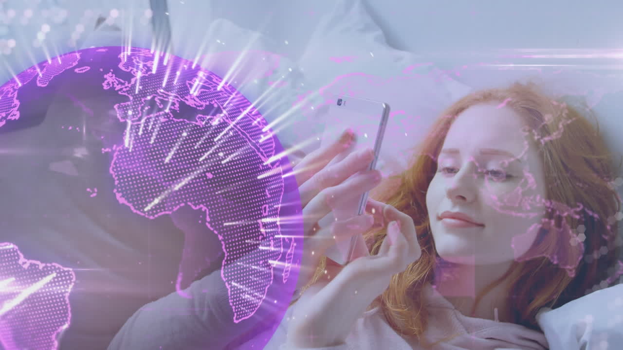 анимация земного шара над женщиной с помощью смартфона