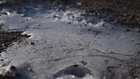 smooth pan over frosted brittle ice in a pothole with morning golden light hitting it - handheld pan