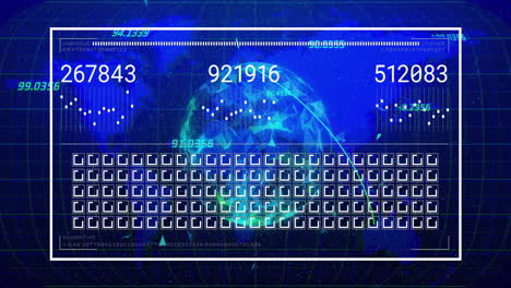 animation of globe and world map over data processing on black background
