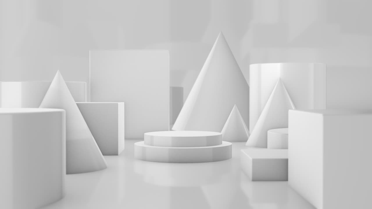 Sfondo geometrico minimale bianco e podio a cilindro circolare al centro, rendering 3D 4K.