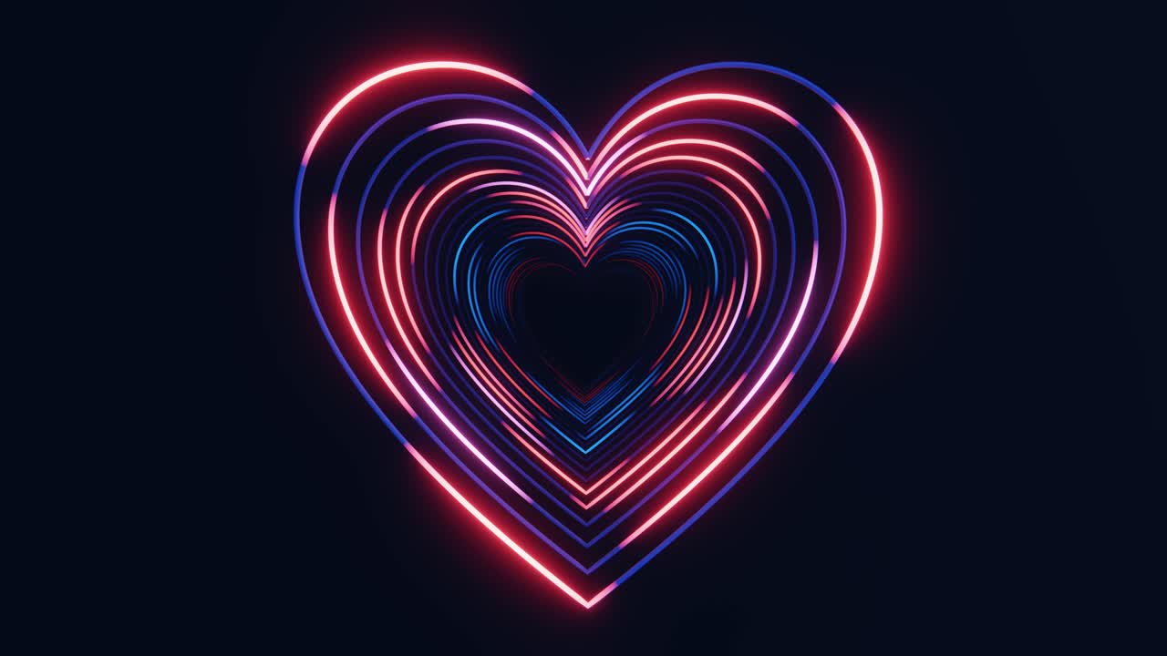 Tunnel a forma di cuore al neon luminoso in movimento verso lo spettatore