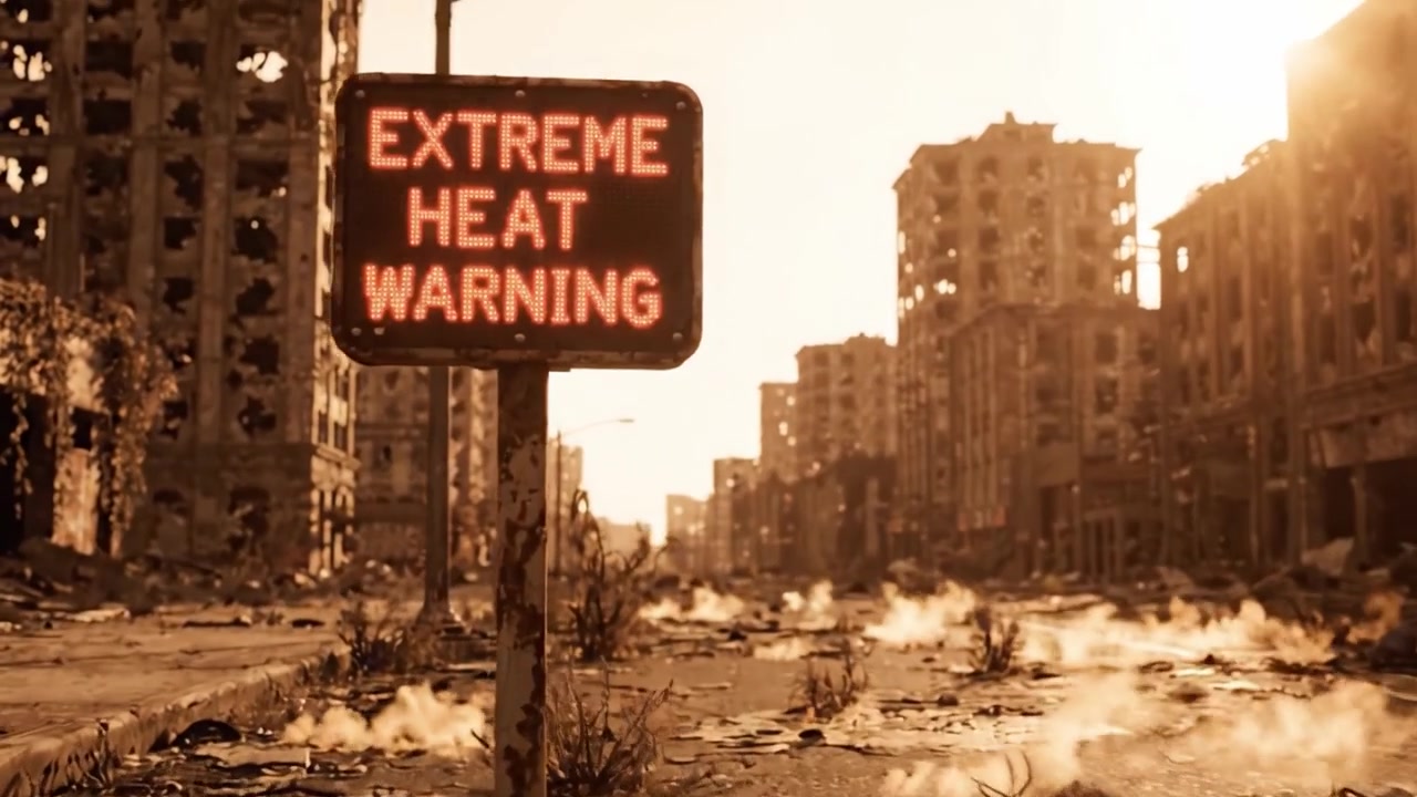 A Haunting View of a Deserted City Under an Extreme Heat Warning, Highlighting Deteriorated Buildings and Ominous Environmental Conditions