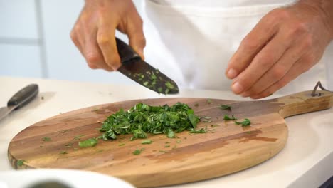 chopping cilantro for to make zucchini noodles zoodles adding to bowl healthy vegan vegetarian lifestyle diet detox