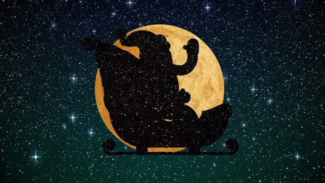 animation of santa claus in sleigh over moon on dark background