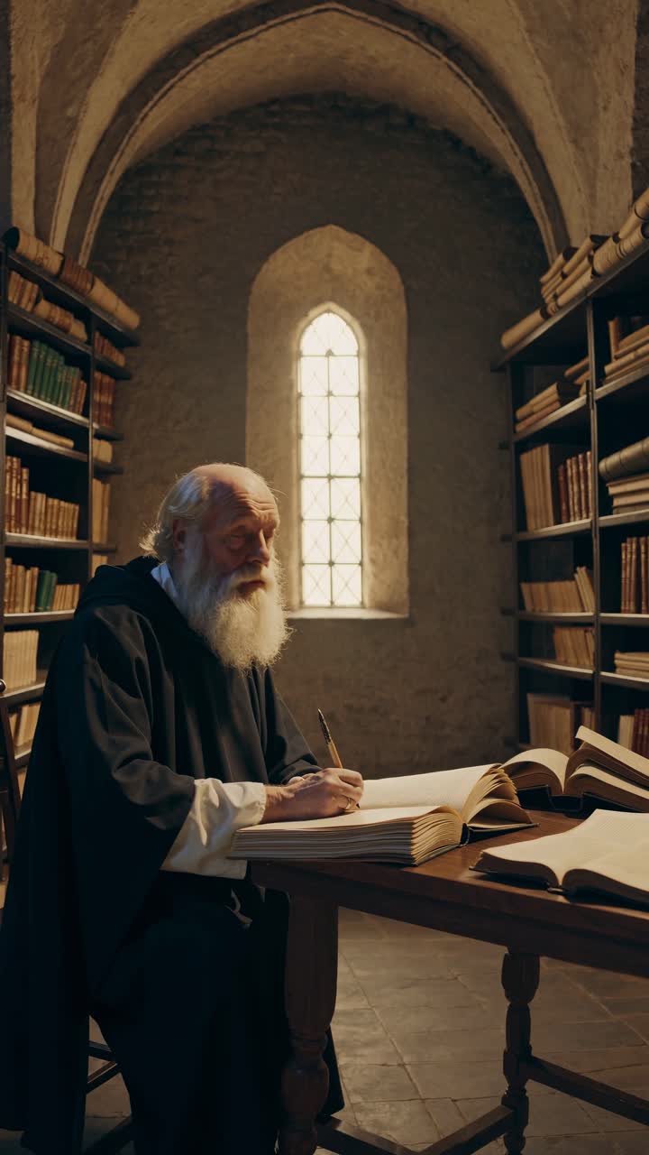 Erudito idoso escrevendo em uma biblioteca medieval, cercado por livros