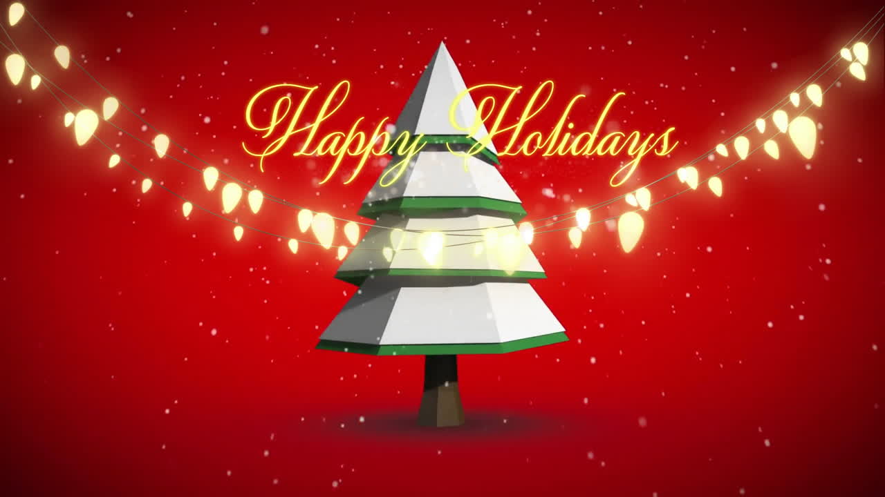 크리스마스 트리의 애니메이션 행복한 휴일 문서와 눈이 떨어지는