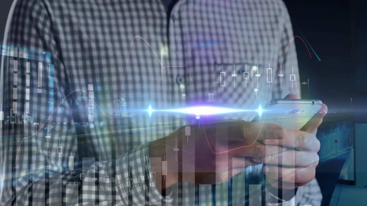 animación de gráficos sobre las manos de un hombre caucásico usando un teléfono inteligente