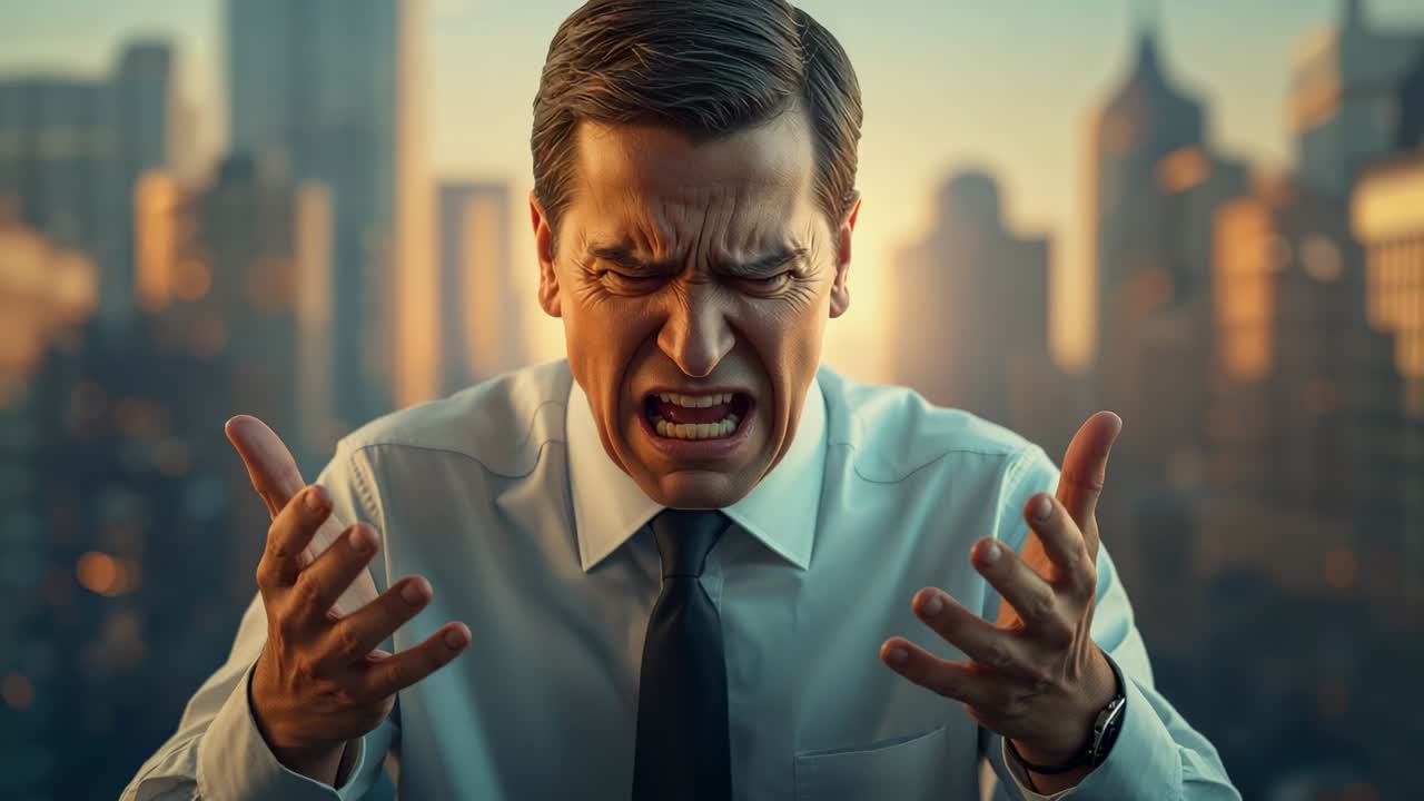 Reacting to issue, manager in dress shirt dark tie wristwatch leaning, shouting with city skyline