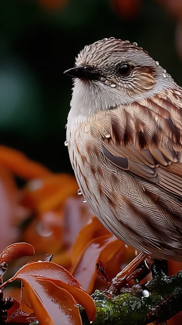 Stunning Close-Up of a Beautiful Brown Bird Surrounded by Falls of Dew on Vibrant Autumn Leaves, Capturing the Essence of Nature's Serenity and Detail