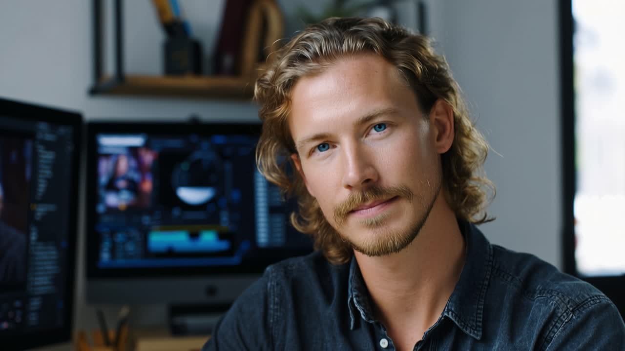 Ein Mann sitzt an einem Computertisch. Blaue Augen blicken direkt in die Kamera. Lockiges Haar umrahmt sein Gesicht. Ein dunkles Hemd zeigt seinen Hals. Zwei Bildschirme leuchten hinter ihm. Er wirkt konzentriert und ruhig.