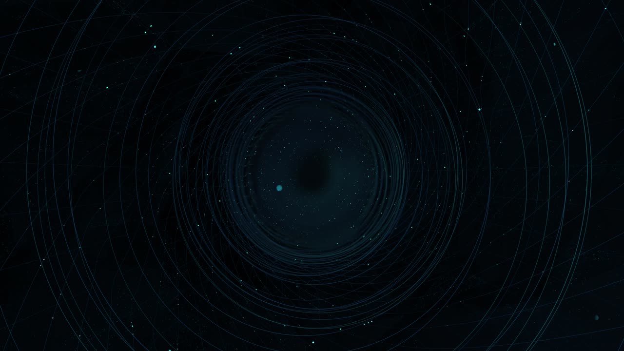 la cámara pasa a través de un túnel formado por líneas circulares azules llenas de partículas azules que se mueven hacia la cámara sobre un fondo negro. animación 3d