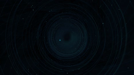 la cámara pasa a través de un túnel formado por líneas circulares azules llenas de partículas azules que se mueven hacia la cámara sobre un fondo negro. animación 3d