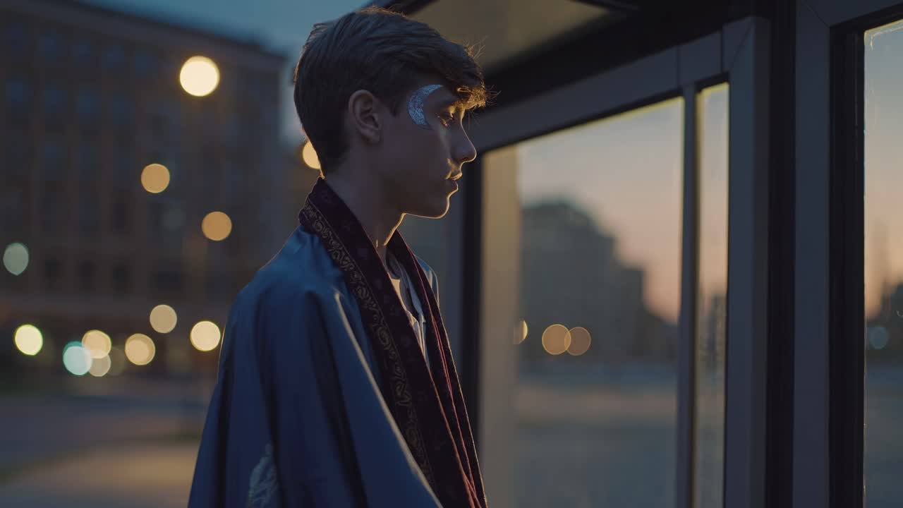 Young male figure in a flowing blue garment stands pensively by a glass structure, illuminated by soft evening lights, capturing a moment of introspection and transition