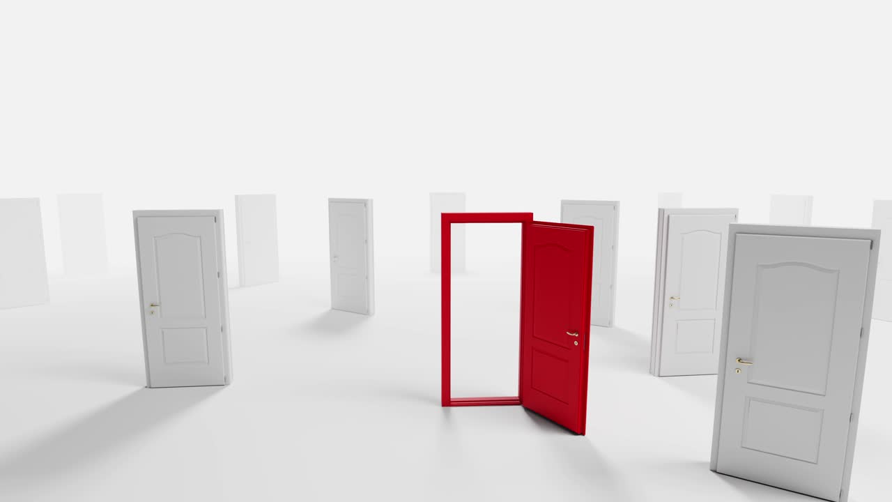 Red Door Opening Among Many White Doors