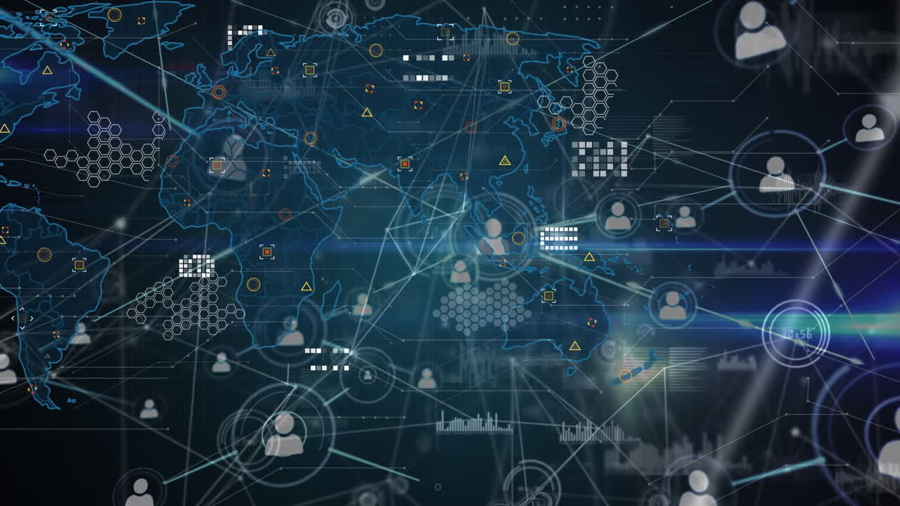 Animation of network of connections and data processing over world map against blue background