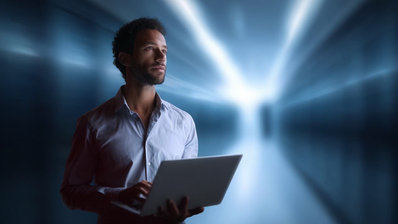 Contemplative Individual Engaged with a Laptop in a Futuristic Setting, Capturing the Essence of Innovation and Connectivity in a Digital Era